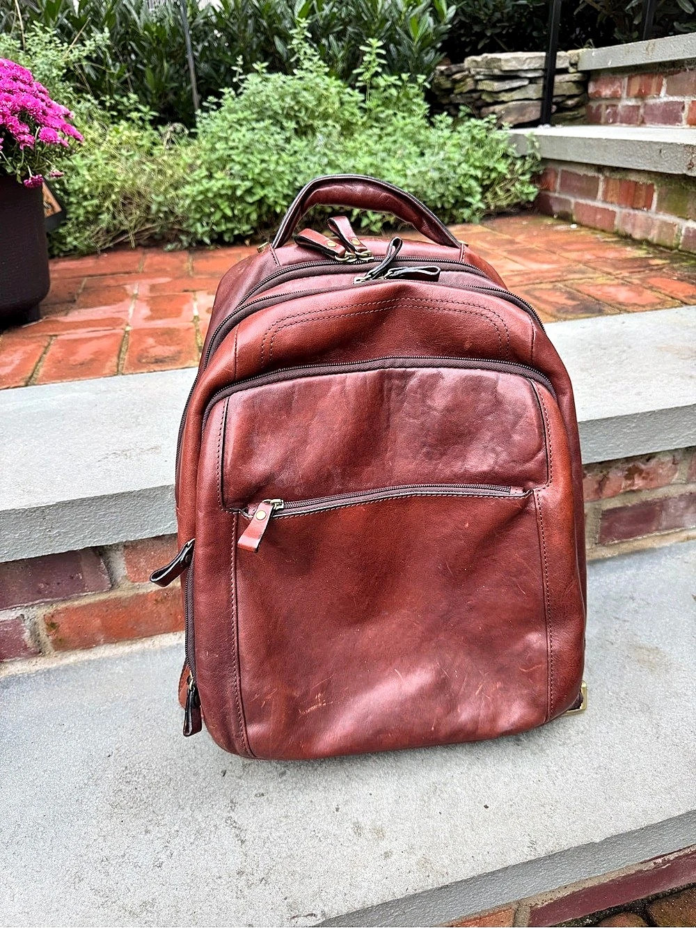 Genuine Leather Plaid Lined Backpack in Brown